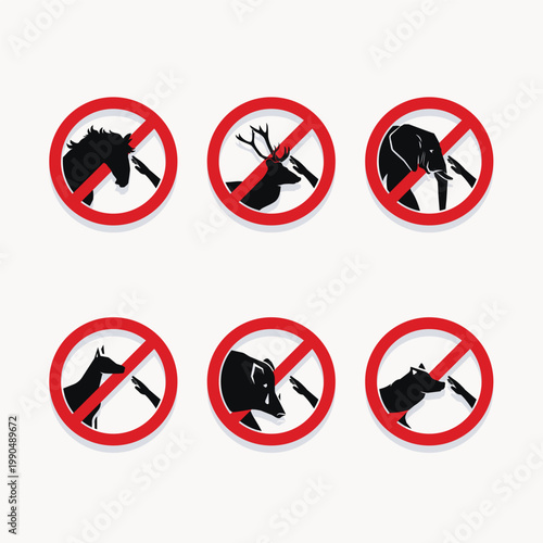 Set of prohibition signs with wild and domestic animals with Do Not Touch warnings vector illustration