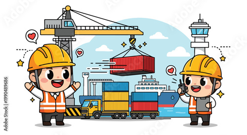 Cartoon construction site scene with two smiling workers wearing safety helmets and a cityscape background with cranes
