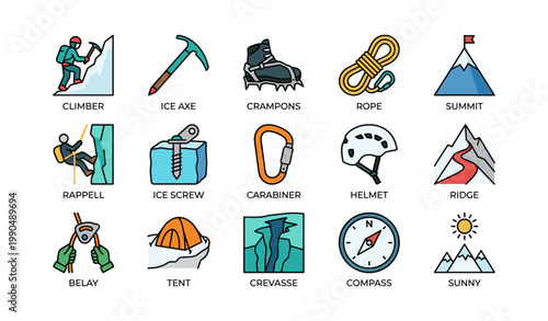 Mountaineering icons showing climbing equipment on white background