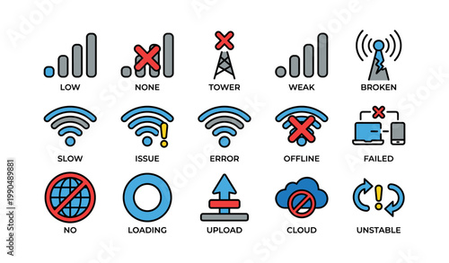 Collection of connectivity and network icons showing signal states