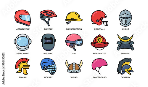 Helmet and headgear icons of protection and historical designs