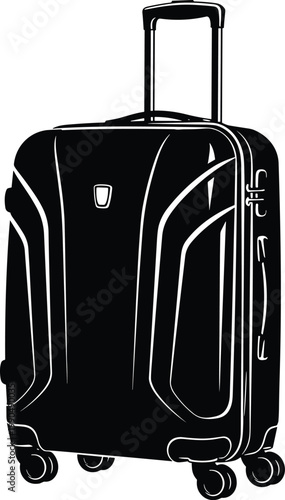 Black wheeled suitcase with telescopic handle extended, modern travel luggage, four wheel design, curved front pattern, portable bag, vacation trip gear