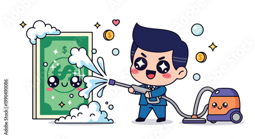 Cute cartoon boy cleaning a green dollar bill with a toothbrush and vacuuming money in a playful financial scene