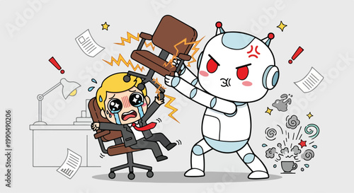 Cute cartoon robot and girl character working together in a playful office environment with papers and technology