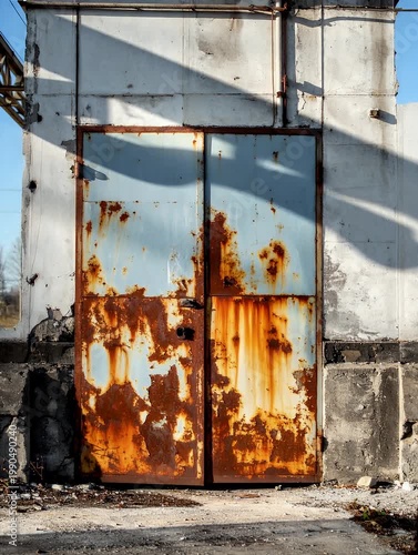 Weathered Metal Door with Rust and Peeling Paint on an Old Building.