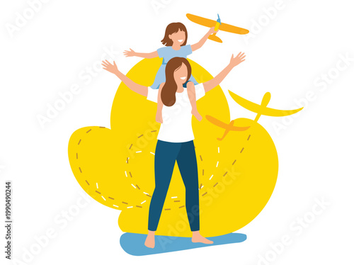 Mom piggyback daughter playing toy airplane smiling cartoon. Child enjoying ride happy parenting outdoors family bonding carefree. Playful child mother joy happiness positive emotions isolated white