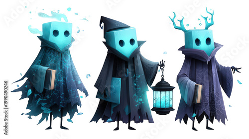 Three whimsical, ghostly figures in cloaks holding books and a lantern, set against a mystical background