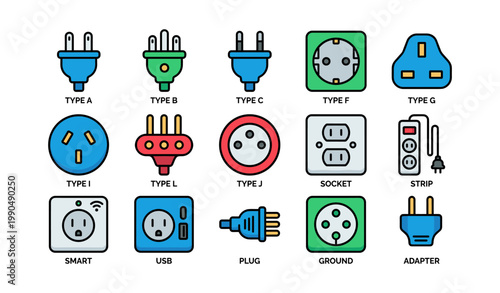 Power plug and socket icons showing outlet types on white background