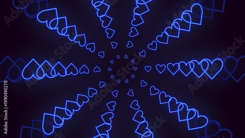 Abstract glowing blue neon heart outlines forming a radial tunnel on dark background, ideal for romantic visuals, Valentine designs, wedding promos, and social media