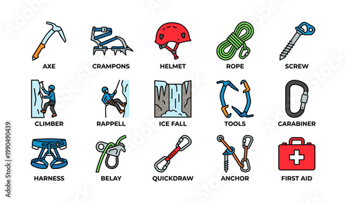 Mountaineering equipment and climbers arranged on white grid