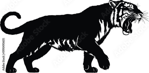 Black and white tiger illustration roaring, fierce predator silhouette, wildlife art, jungle animal, strength symbol, striped beast, powerful nature design