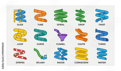 Multiple water slide icons displayed in a labeled grid layout