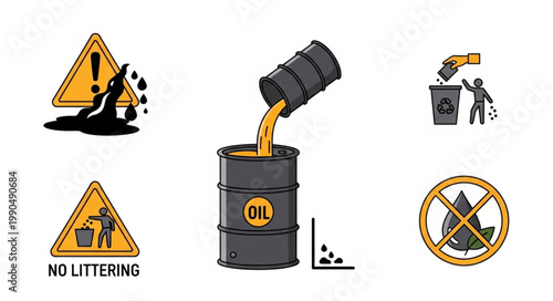 Oil barrel and environmental hazard symbols illustration.
