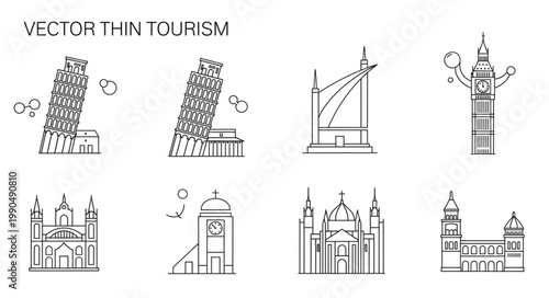 Collection of famous landmark buildings in a thin line vector style.