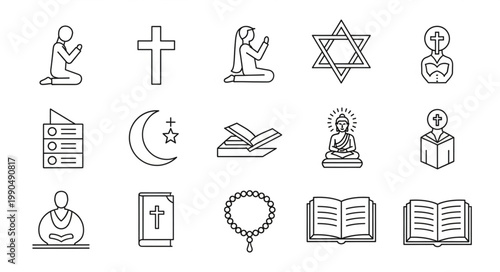 Collection of religious symbols and icons in a line art style.