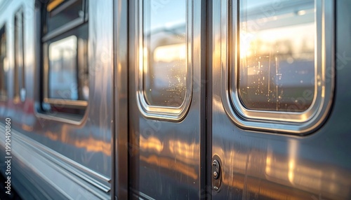 夕陽の光を反射するステンレス製の電車ドアと窓枠のクローズアップ超リアル写真