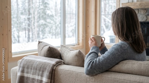 Free Download Woman relaxing on sofa while holding a mug and looking at snow   - GFXLoad