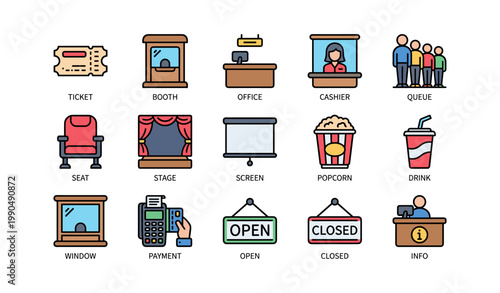 Cinema service icons arranged in grid on white background