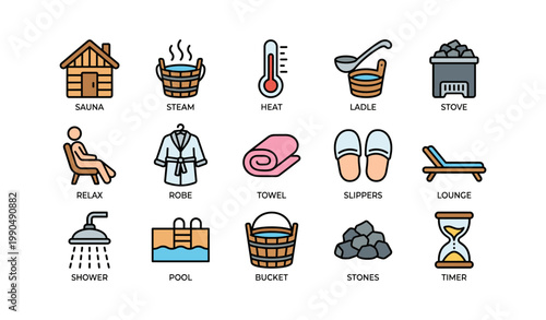 Sauna and spa icons depicting relaxation items on white background