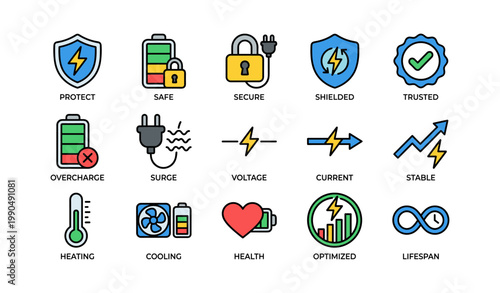 Battery protection and power icons arranged on white background