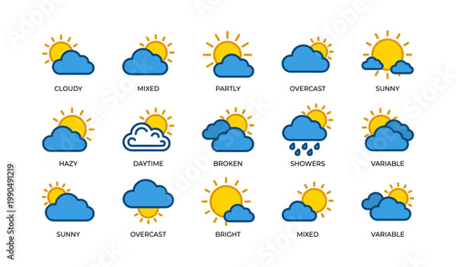 Weather icons illustrating various conditions on white background