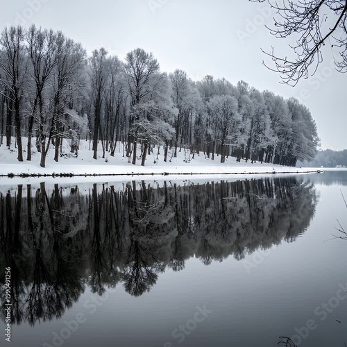 Winter Wonderland - Snow-Covered Trees Reflected in Calm Lake Waters.