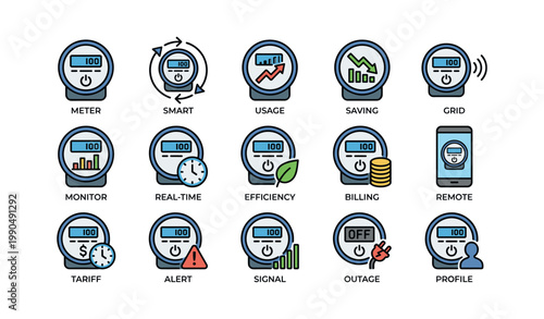 Smart meter icons showing usage monitoring billing and outage