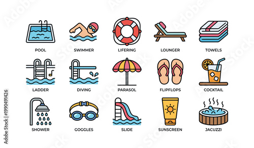 Pool and leisure icons arranged in grid on white background