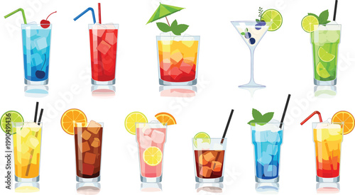 Colorful cocktail drinks collection with fruits, ice, and garnishes, refreshing summer beverages set for bar menu, party and tropical vacation vector illustration