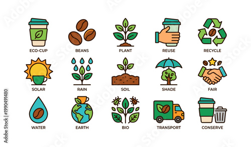 Sustainable coffee and eco agriculture icons on white background