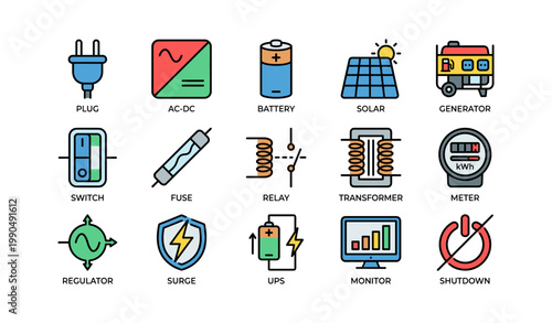Electrical components and power icons arranged on white background