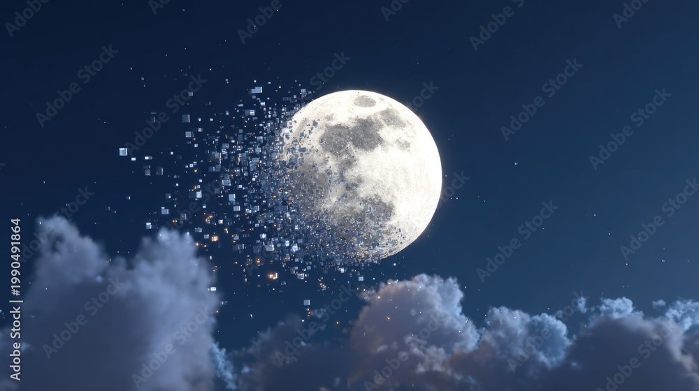 Fototapeta premium Ethereal Moon Surrounded by Digital Particles in a Night Sky with Clouds and Stars Creating a Mystical Atmosphere