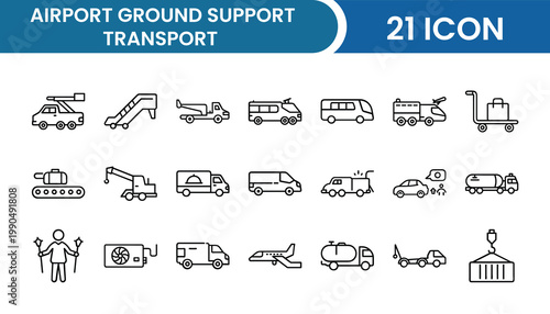 Airport Ground Support & Transport Icon Pack – 21 Baggage Handling, Tugs, Fuel Trucks, Catering, Airport Vehicle Vector Icons