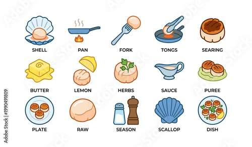 Scallop cooking icons showing ingredients and utensils