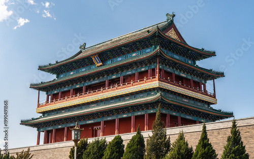 A detailed architectural shot of the historic Zhengyangmen Watchtower in Beijing