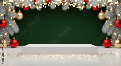 Christmas White Pedestal with Festive Decorations and Lights