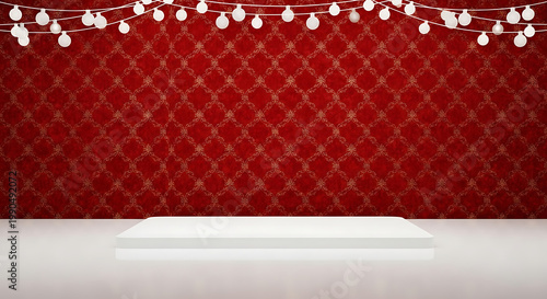 Luxury Christmas Display with White Pedestal and Red Wallpaper
