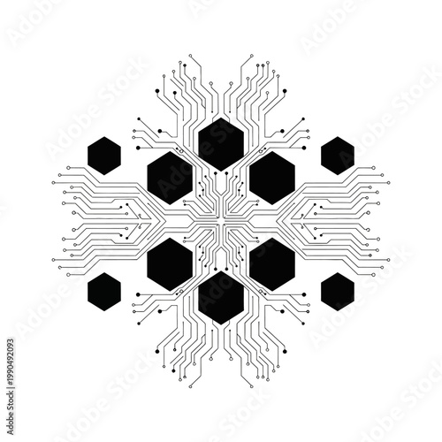 Black hexagons on circuit board pattern.