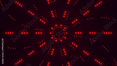 Abstract red glowing LED dots form a radial geometric pattern on dark background, futuristic digital light display for technology themes, VJ visuals, and overlays