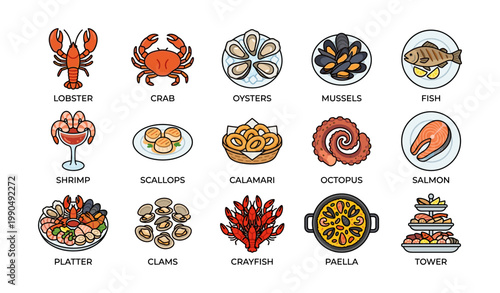 Assorted seafood items and dishes displayed on white background