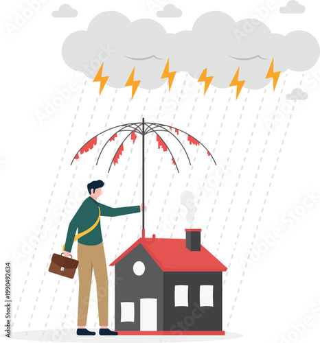 Home property at risk from storm with torn umbrella