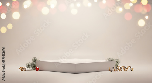 Christmas podium with festive decorations and lights background
