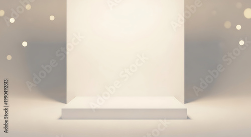 Minimalist white stage with bokeh lights background