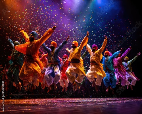 Dynamic shot of Bhangra dancers performing a jump in unison on a stage, colorful turbans and costumes flying, confetti in the air, stage lights creating dramatic shadows, high contrast