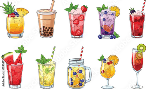 Colorful summer drinks set with fruit cocktails, smoothies and bubble tea, refreshing beverages collection for cafe menu, party and tropical vector illustration