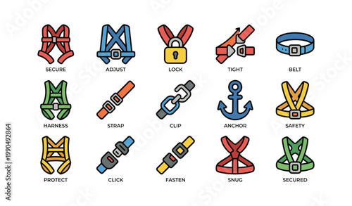 Safety harness and strap icons arranged in grid on white