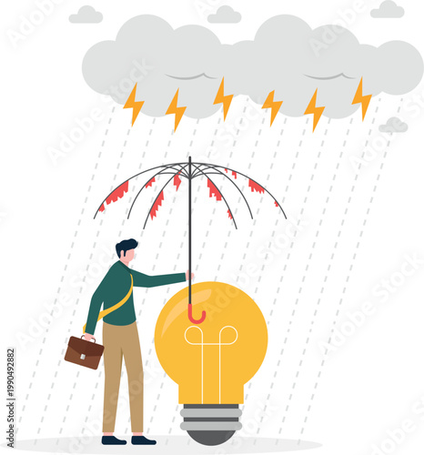 Creative idea vulnerable to crisis with broken umbrella