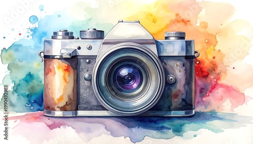 Vintage Film Camera Watercolor Illustration With Vibrant Colorful Paint Splashes And Artistic Drips On A White Background Front View