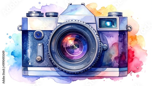 Vintage Film Camera Watercolor Illustration With Vibrant Multi Colored Paint Splashes Isolated On White Background Artistic Photography Concept