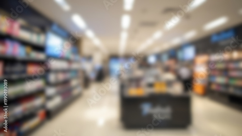 Blurred View of a Modern Retail Store Interior with Shelves and Products.